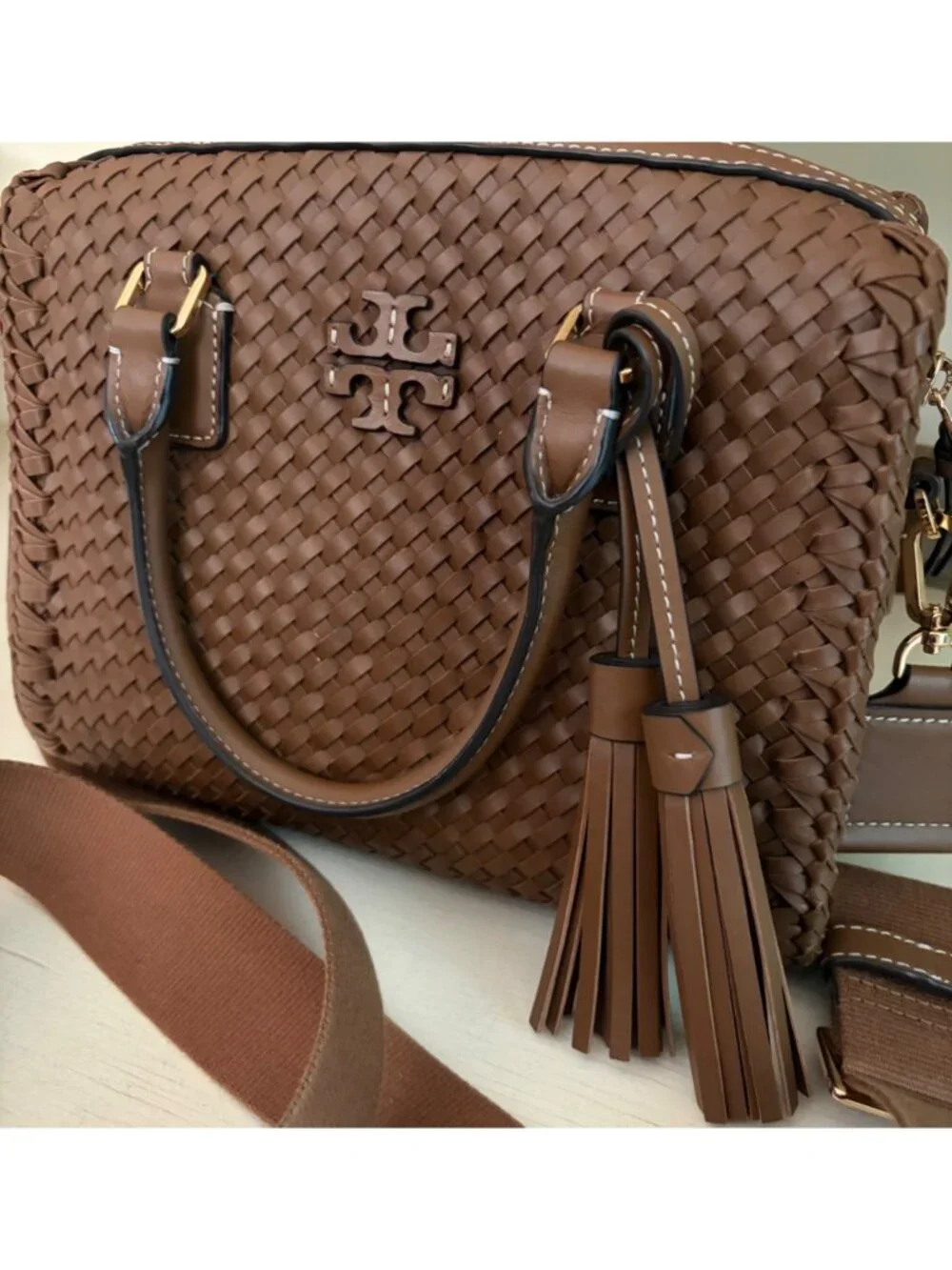Tory Burch Thea Woven Leather McGraw Web Small Satchel Handbag Wide Crossbody Sh - Picture 4 of 16